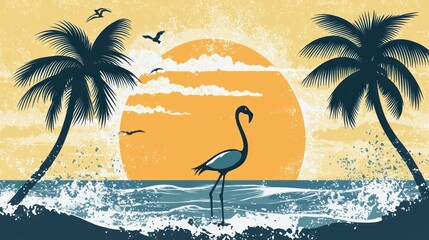 Poster - A tropical beach scene featuring a flamingo silhouette against a backdrop of palm trees and waves. 
