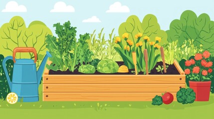 Poster - A vector graphic of a raised bed vegetable garden with tools, watering cans, and vibrant plant illustrations.