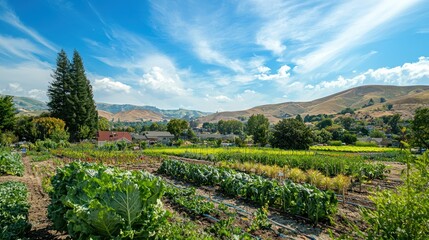 Aufkleber - A vegetable garden in a rural setting, with rolling hills and blue skies forming the background 