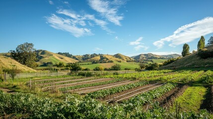 Poster - A vegetable garden in a rural setting, with rolling hills and blue skies forming the background 