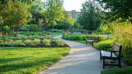 Poster - A vibrant community vegetable garden in an urban park, surrounded by benches and walking paths. 