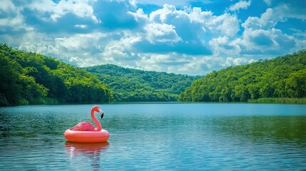 Poster - A vibrant flamingo floatie relaxing on a calm lake with a peaceful landscape in the background. 