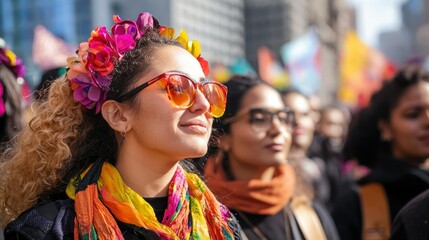 Poster - A vibrant International Womenâ€™s Day march featuring women of different ethnicities and backgrounds. 