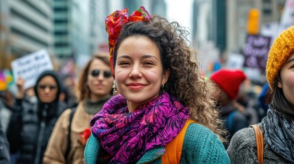 Poster - A vibrant International Womenâ€™s Day march featuring women of different ethnicities and backgrounds.