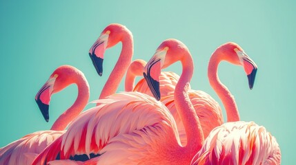 Poster - A vibrant scene of Aruba flamingos at a salt flat, showcasing their pink feathers against a clear sky. 