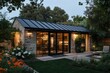 © gamespirit - Modern stone cottage illuminated at dusk surrounded by lush garden flowers offers a cozy gathering space for family and friends in a serene outdoor setting