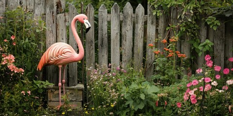 Poster - A vintage yard flamingo placed in a rustic garden with wildflowers and rustic fencing. 