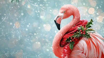 Poster - A whimsical flamingo illustration dressed in a red Christmas scarf and holly accents. 