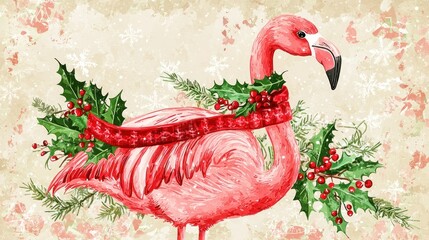 Poster - A whimsical flamingo illustration dressed in a red Christmas scarf and holly accents. 