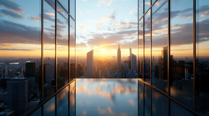 Wall Mural - breathtaking view of futuristic city skyline sunset, showcasing glass buildings and vibrant