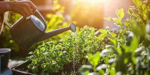 Poster - A woman watering her container vegetable garden on a sunny urban rooftop. 