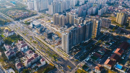 Poster - Aerial view of a bustling urban area with multiple commercial property developments in progress. 