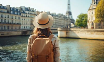 The silhouette of a female tourist carrying a backpack and a hat