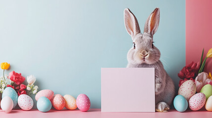 Wall Mural - Happy easter bunny card with easter eggs and copy space.