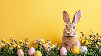 Wall Mural - Happy easter bunny card with easter eggs and copy space.