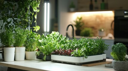 Poster - An apartment living room featuring an indoor vegetable garden alongside decorative plants. 