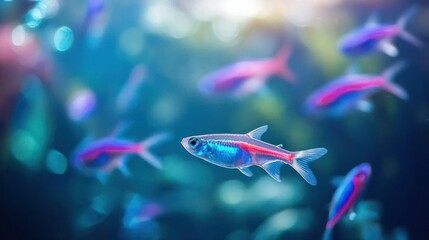 Poster - Bright neon tetras swimming freely in a spacious freshwater tank. 
