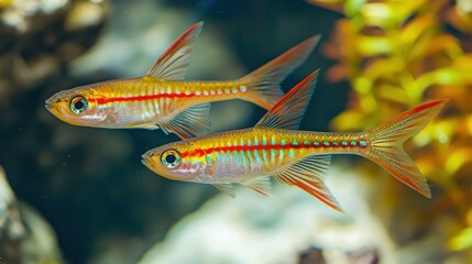 Aufkleber - Brightly colored swordtails interacting in a planted aquarium. 