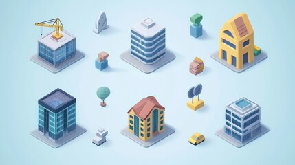 Poster - Digital illustrations of property development icons with a modern aesthetic. 