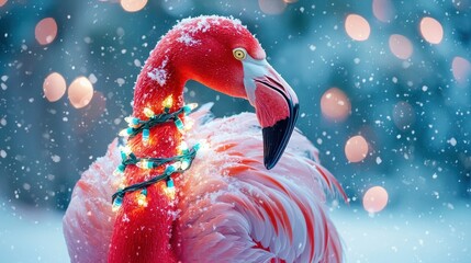Poster - Flamingo wearing Christmas lights wrapped around its neck, set against a snowy backdrop. 