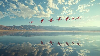 Poster - Flamingos flying in a flock above a salt flat, with reflections visible in the water below. 