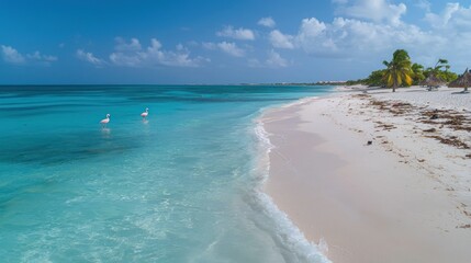 Poster - Flamingos in Aruba, walking along a sandy beach with turquoise waters in the background. 