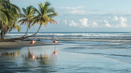 Poster - Flamingos standing gracefully on the beach, with palm trees and ocean waves in the background. 
