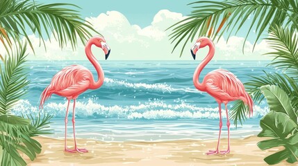 Poster - Flamingos standing gracefully on the beach, with palm trees and ocean waves in the background. 