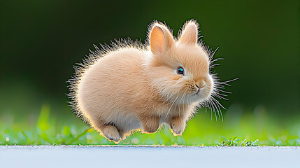 Wall Mural - Fluffy bunny hops in green grass, nature background, pet card