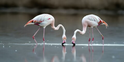 Poster - Lesser flamingos foraging in a saline lake, with their distinctive pink plumage on display 