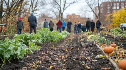 Poster - Rows of fall vegetables growing in a community garden, with people wearing jackets and scarves. 