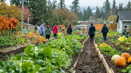 Poster - Rows of fall vegetables growing in a community garden, with people wearing jackets and scarves. 