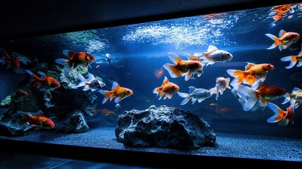 Poster - School of goldfish exploring a spacious tank with soft lighting. 