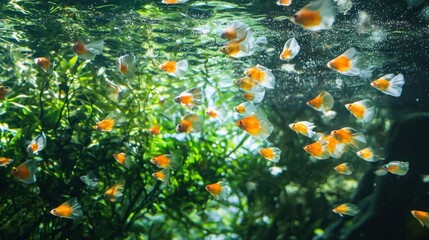 Poster - School of guppies darting around a densely planted aquarium. 