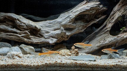 Poster - Swordtails exploring an aquarium with natural gravel and driftwood. 