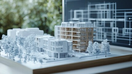 Poster - A 3D architectural rendering of a property development displayed on a computer screen. 