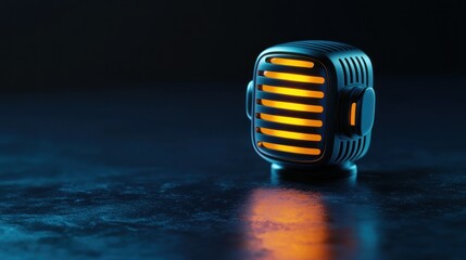 Poster - A 3D-rendered podcast icon with metallic accents, floating on a dark background. 