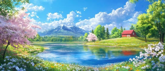 Wall Mural - Serene lake with a small house and cherry blossom trees by the mountains for wallpaper