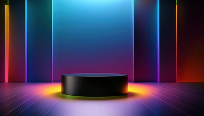Poster - bright empty room featuring black pedestal display on vivid background, creating striking visual impact