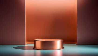 Poster - bright empty room featuring copper pedestal display on vivid background, creating striking visual effect