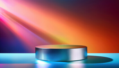 Poster - bright empty room featuring silver pedestal display on vivid background, illuminated by colorful light rays