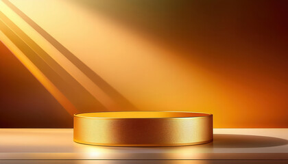 Poster - bright empty room featuring gold pedestal display on vivid background, creating warm and inviting atmosphere