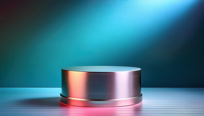 Poster - bright empty room featuring silver pedestal display on vivid background, creating striking visual effect