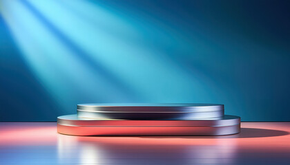 Poster - bright empty room featuring silver pedestal display on vivid background, creating striking visual effect