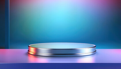 Poster - bright empty room featuring silver pedestal display on vivid background. scene evokes sense of modernity and creativity