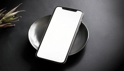 Poster - sleek smartphone mockup on black plate with blank screen, showcasing modern technology and minimalistic design