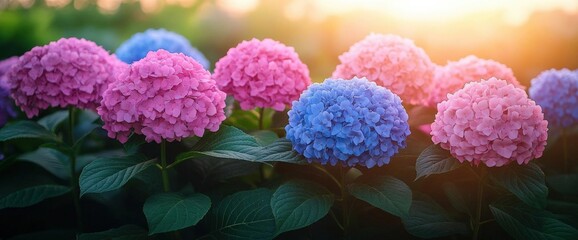 Wall Mural - Colorful Hydrangea Blossoms In Sunlight