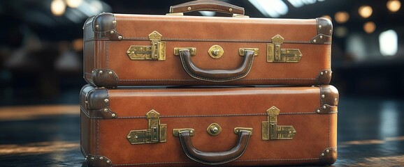 Stacked Vintage Brown Leather Suitcases