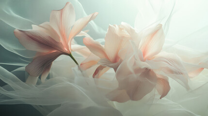 Wall Mural - Soft Pink Flowers Intimately Embraced by Sheer White Fabric