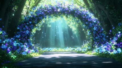 Wall Mural - Floral Archway in a Forest with Sunlight Beams Shining Down on the Path into the Woods.